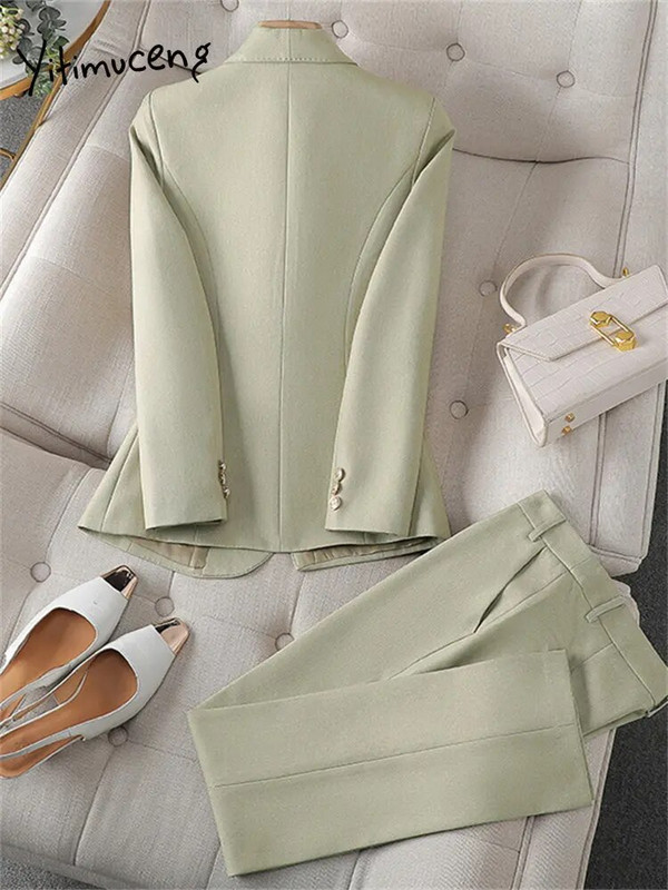 Yitimuceng korejska uredska odjeća Ženski dvodijelni set s dvostrukim kopčanjem Ležerni sako dugih rukava Kaputi visokog struka Komplet hlača