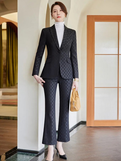 Jesen 2023. Nova jakna s džepnim blejzerom s jednim gumbom, ležerne široke hlače, dvodijelni karirani elegantni ženski kompleti hlača Uredsko odijelo