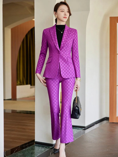 Jesen 2023. Nova jakna s džepnim blejzerom s jednim gumbom, ležerne široke hlače, dvodijelni karirani elegantni ženski kompleti hlača Uredsko odijelo