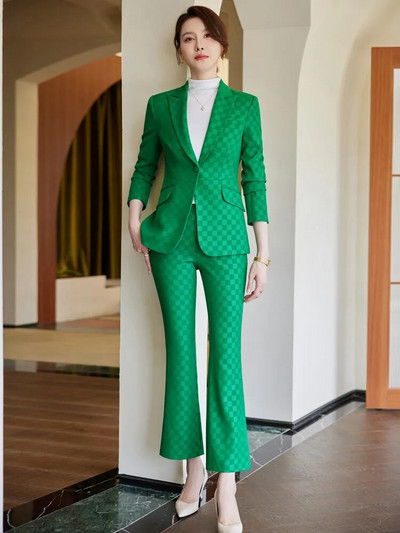 Jesen 2023. Nova jakna s džepnim blejzerom s jednim gumbom, ležerne široke hlače, dvodijelni karirani elegantni ženski kompleti hlača Uredsko odijelo