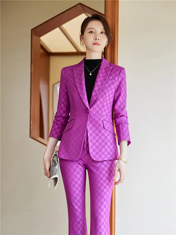 Jesen 2023. Nova jakna s džepnim blejzerom s jednim gumbom, ležerne široke hlače, dvodijelni karirani elegantni ženski kompleti hlača Uredsko odijelo