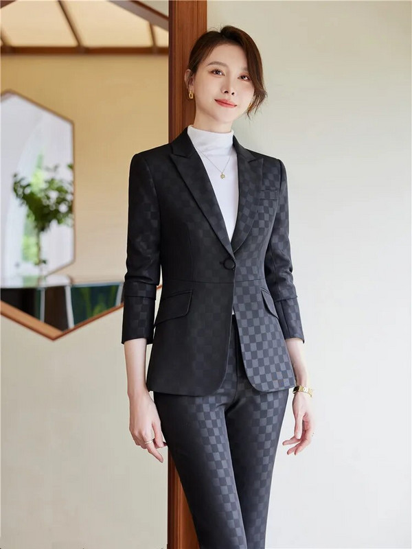 Jesen 2023. Nova jakna s džepnim blejzerom s jednim gumbom, ležerne široke hlače, dvodijelni karirani elegantni ženski kompleti hlača Uredsko odijelo