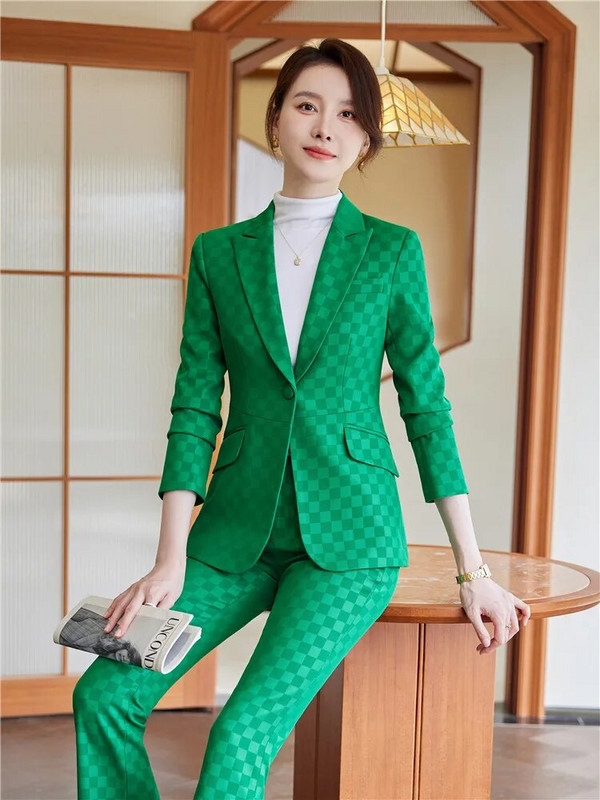 Jesen 2023. Nova jakna s džepnim blejzerom s jednim gumbom, ležerne široke hlače, dvodijelni karirani elegantni ženski kompleti hlača Uredsko odijelo