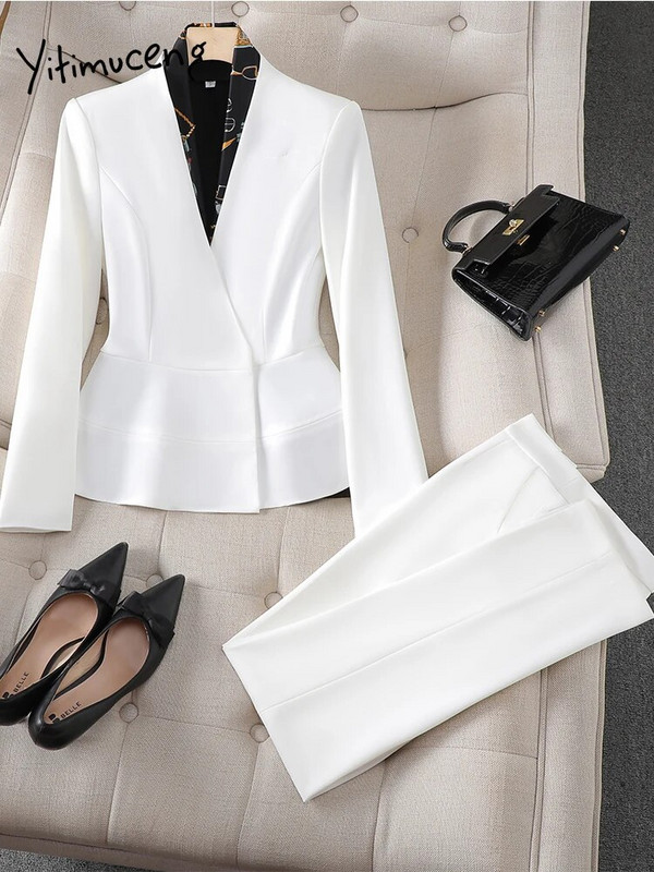 Yitimuceng Modni svečani odijela s hlačama Ženska jesen zima 2023 Novi uredski ženski uski sako i hlače dugih rukava 2 komada