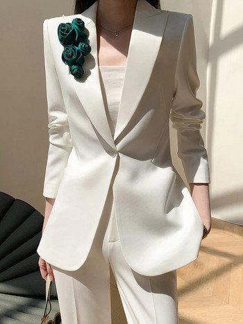 Γυναικείο κοστούμι Γραφείο 2023 Κορεατικής μόδας Μακρυμάνικο Απλικέ με μονό κουμπί Μπλέιζερ + Ψηλόμεση Γυναικεία Παντελόνια Γραφείου