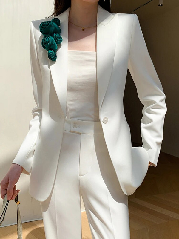 Naiste 2023. aasta kontorirõivaste ülikond Korea moe pikkade varrukatega, ühe nööbiga aplikatsioonid, bleiserid + kõrge vöökohaga naiste pükskostüümid