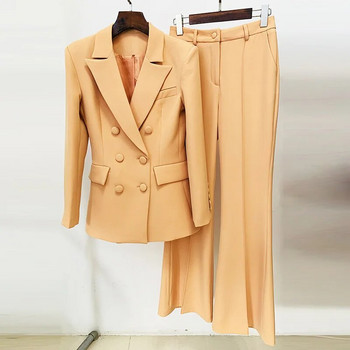 Καφέ Χακί Παντελόνι Γυναικεία Διπλό Στήθος Slim Fit Γραφείο Επιχειρηματικό κοστούμι σακάκι Blazer Flare Παντελόνι Σετ Σετ δύο τεμαχίων