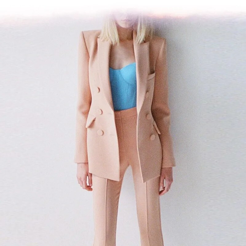 Pruunid khakivärvi pükskostüümid, naiste kaherealised, õhukesed kontoriülikonnad, jope, bleiserpükste komplekt, kaheosaline komplekt