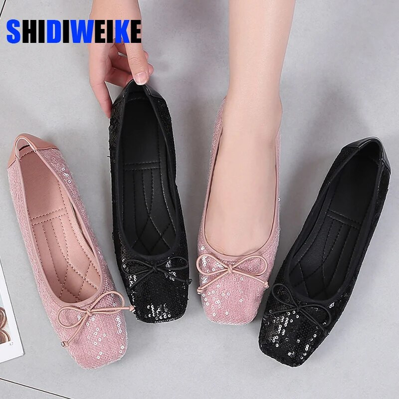 Elegantne ženske platnene cipele sa šljokicama, udobne, proljetne, ležerne, ženske ravne cipele s četvrtastim prstima, udobne morske mokasine, jesen, svjetlucave