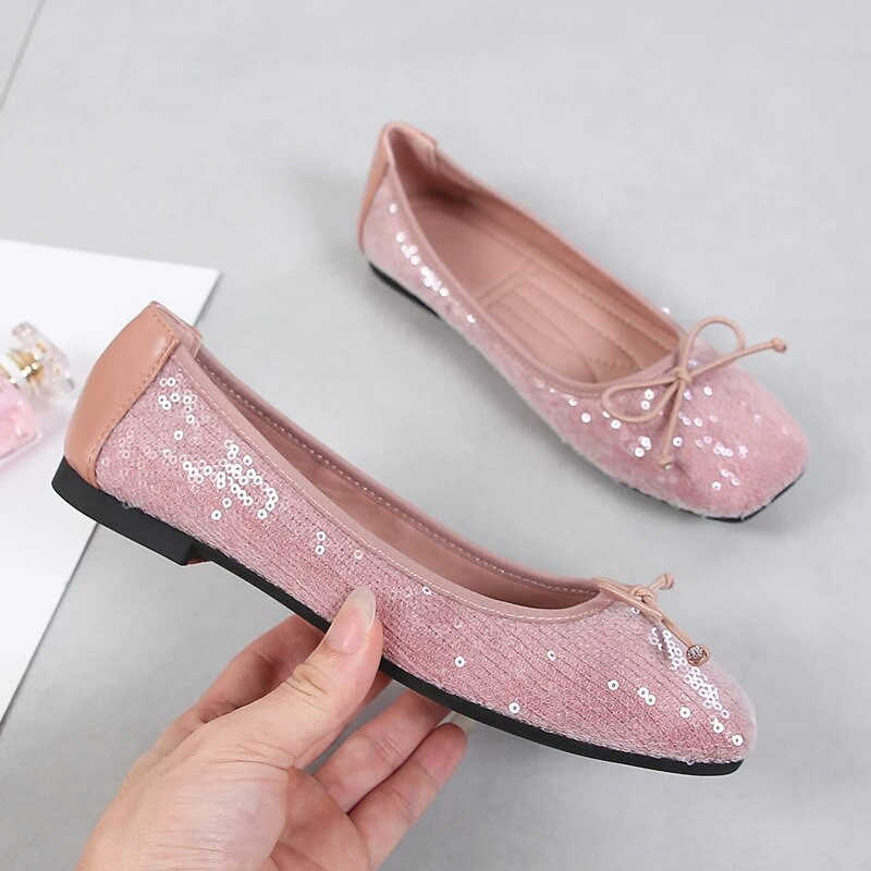 Elegantne ženske platnene cipele sa šljokicama, udobne, proljetne, ležerne, ženske ravne cipele s četvrtastim prstima, udobne morske mokasine, jesen, svjetlucave