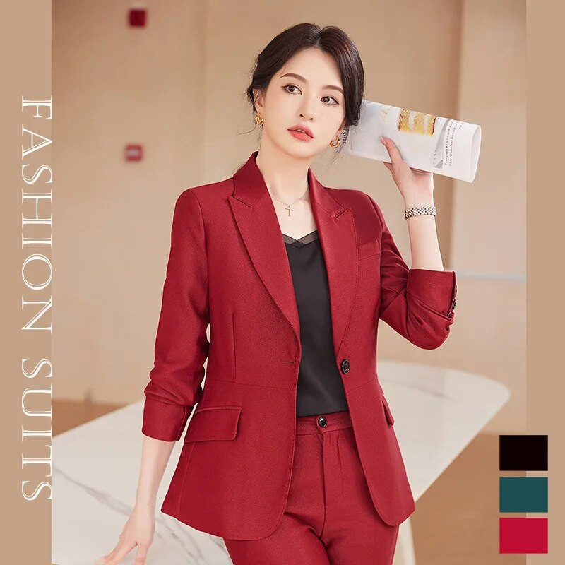 Υψηλής ποιότητας υφασμάτινο επίσημο γυναικείο επαγγελματικό κοστούμι Παντελόνι Blazers Feminino με παντελόνι και μπουφάν Παλτό Επαγγελματικά σετ παντελονιών
