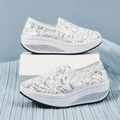 Ljetne ležerne crne ženske modne jednobojne cipele s visokom potpeticom sa šljokicama okrugle glave preko noge čipkane cipele za ljuljanje