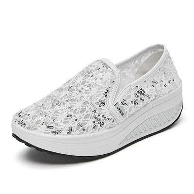 Ljetne ležerne crne ženske modne jednobojne cipele s visokom potpeticom sa šljokicama okrugle glave preko noge čipkane cipele za ljuljanje