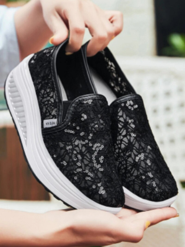 Ljetne ležerne crne ženske modne jednobojne cipele s visokom potpeticom sa šljokicama okrugle glave preko noge čipkane cipele za ljuljanje