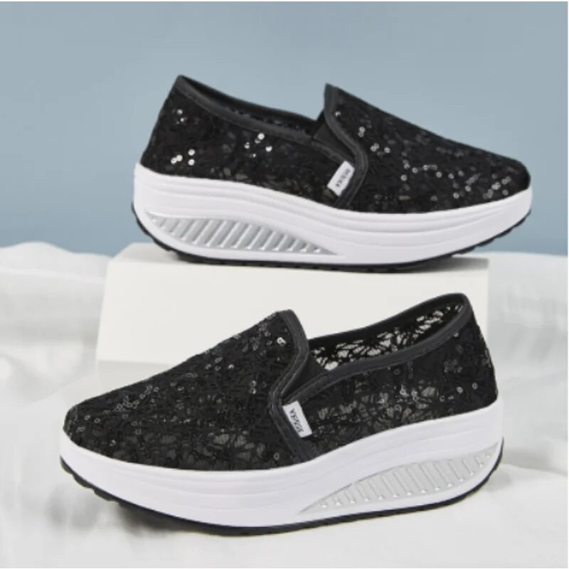 Ljetne ležerne crne ženske modne jednobojne cipele s visokom potpeticom sa šljokicama okrugle glave preko noge čipkane cipele za ljuljanje