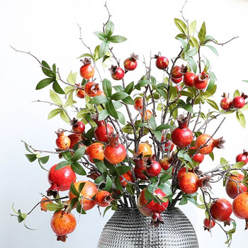 Κόκκινο Φθινοπωρινό Τεχνητό Κλαδί Ρόδι με Φύλλα Μούρο Fake Fruit Flores For Home Χριστουγεννιάτικο Βάζο Διακόσμηση Εξωτερικού Κήπου