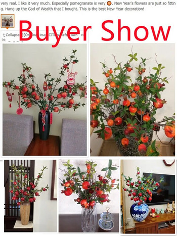 Κόκκινο Φθινοπωρινό Τεχνητό Κλαδί Ρόδι με Φύλλα Μούρο Fake Fruit Flores For Home Χριστουγεννιάτικο Βάζο Διακόσμηση Εξωτερικού Κήπου