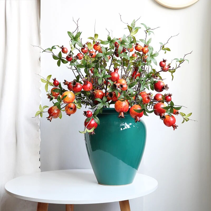 Raudona rudens granato dirbtinė šakelė su lapais uogų netikrų vaisių Flores namams Kalėdų vazos dekoravimas lauko sode