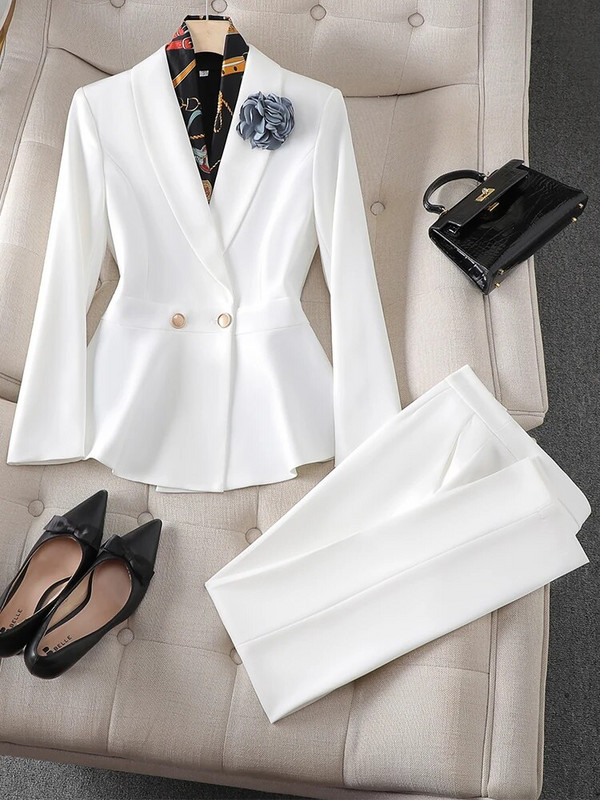 Mėlynai baltas elegantiškas moteriškas kelnių kostiumas moterims, plonas raukinis striukė ir kelnės, moteriškos darbo aprangos formalus 2 dalių rinkinys rudeniui