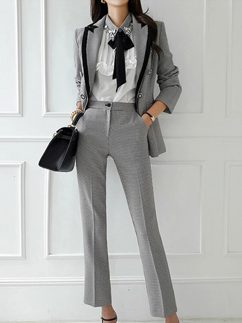 Circyy Γυναικεία Κοστούμια Σετ γραφείου φθινοπώρου 2023 Διπλό μακρυμάνικο παλτό + ψηλόμεσο παντελόνι Houndstooth Slim outfits