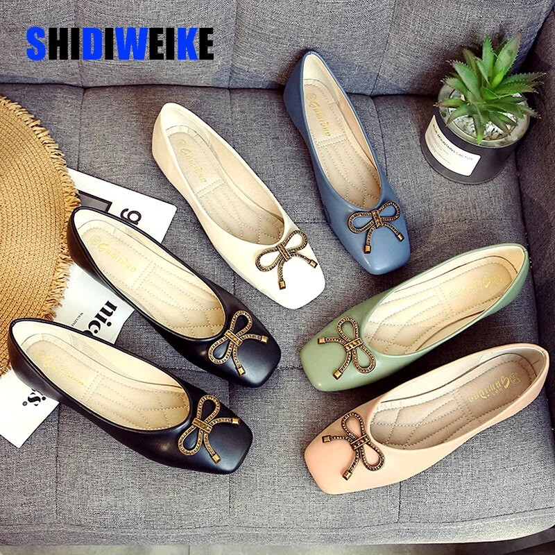 Pavasario moteriškos minkštos odinės balerinos plokščiapadžiai patogūs žalios spalvos rožinės smėlio spalvos baleto plokščiapadžiai kvadratiniai korėjietiški 43 dydžio batai