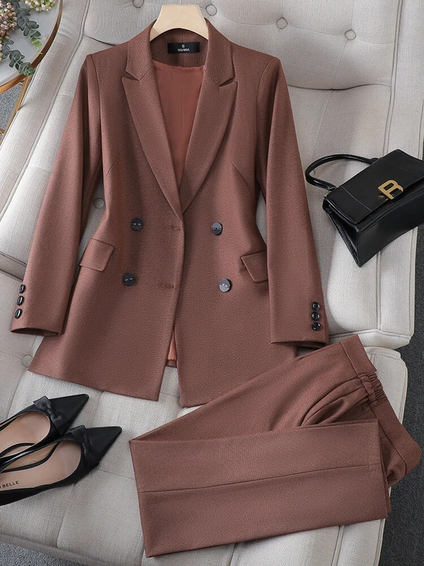 Ženski sako i odijelo s hlačama Uredska ženska poslovna radna odjeća Set od 2 komada Smeđe Plavo Crvena Ženska jakna dugih rukava i hlače