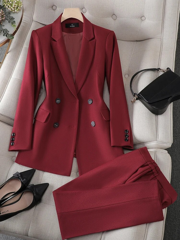 Ženski sako i odijelo s hlačama Uredska ženska poslovna radna odjeća Set od 2 komada Smeđe Plavo Crvena Ženska jakna dugih rukava i hlače