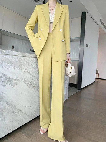 Circyy κοστούμι για γυναίκες Ρούχα γραφείου 2023 Κορεατικής μόδας Κίτρινο μακρυμάνικο παλτό με διπλό στήθος + ψηλόμεσο παντελόνι