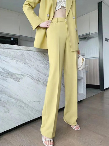 Circyy κοστούμι για γυναίκες Ρούχα γραφείου 2023 Κορεατικής μόδας Κίτρινο μακρυμάνικο παλτό με διπλό στήθος + ψηλόμεσο παντελόνι
