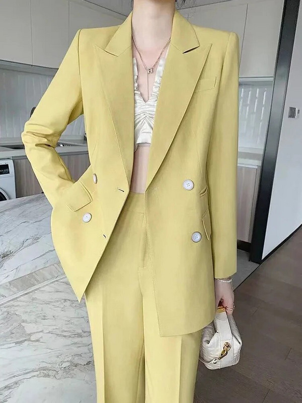Circyy odijelo za žensku uredsku odjeću 2023. korejski modni žuti jakni sako s dvostrukim kopčanjem s dugim rukavima + široke hlače visokog struka
