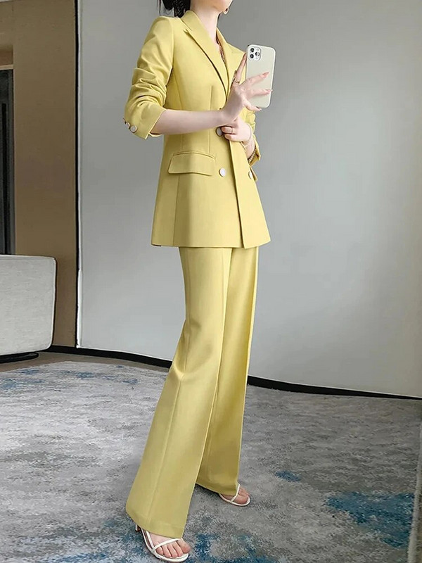 Circyy odijelo za žensku uredsku odjeću 2023. korejski modni žuti jakni sako s dvostrukim kopčanjem s dugim rukavima + široke hlače visokog struka