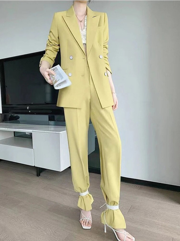 Circyy odijelo za žensku uredsku odjeću 2023. korejski modni žuti jakni sako s dvostrukim kopčanjem s dugim rukavima + široke hlače visokog struka