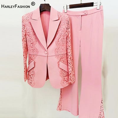 Heavy Made Lace Patchwork Υψηλής ποιότητας Κομψό μονό κουμπί Blazer Παντελόνι Flare Γυναικείο Σετ επαγγελματικό κοστούμι 2 τμχ