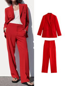 TRAF 2023 Proljetni uredski ženski kompleti sa crvenim sakoom Ženska modna jakna s dvostrukim kopčanjem Jednobojne ravne hlače s patentnim zatvaračem visokog struka