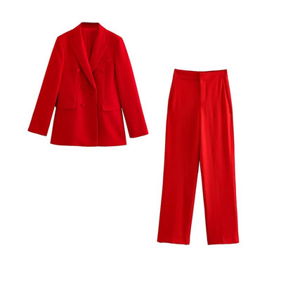 TRAF 2023 Proljetni uredski ženski kompleti sa crvenim sakoom Ženska modna jakna s dvostrukim kopčanjem Jednobojne ravne hlače s patentnim zatvaračem visokog struka
