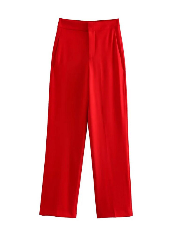 TRAF 2023 Proljetni uredski ženski kompleti sa crvenim sakoom Ženska modna jakna s dvostrukim kopčanjem Jednobojne ravne hlače s patentnim zatvaračem visokog struka