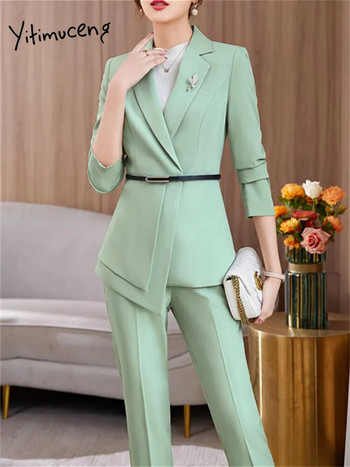 Yitimuceng Slim κοστούμια για γυναίκες 2023 Νέα μόδα Γυναικεία μακρυμάνικα μακρυμάνικα γιακά Γυναικείες κομψές vintage φόρμες παντελονιών