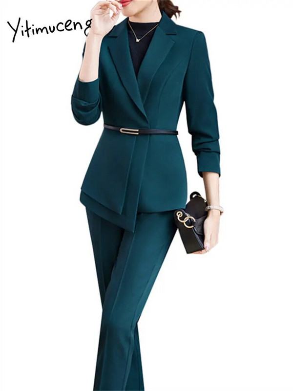 Yitimuceng uska odijela za žene 2023. Nova modna uredska ženska jakna s otvorenim ovratnikom dugih rukava Ženska šik vintage odijela s hlačama