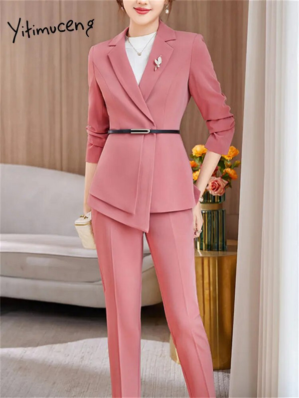 Yitimuceng uska odijela za žene 2023. Nova modna uredska ženska jakna s otvorenim ovratnikom dugih rukava Ženska šik vintage odijela s hlačama