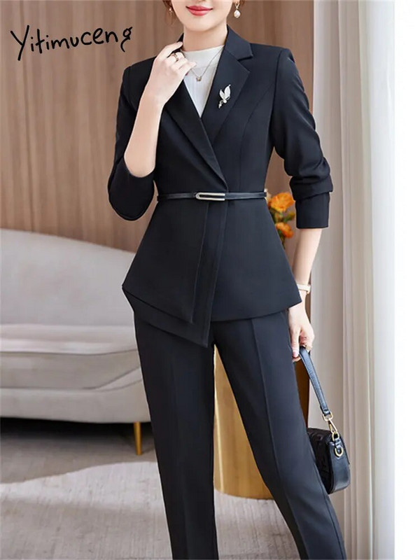 Yitimuceng uska odijela za žene 2023. Nova modna uredska ženska jakna s otvorenim ovratnikom dugih rukava Ženska šik vintage odijela s hlačama