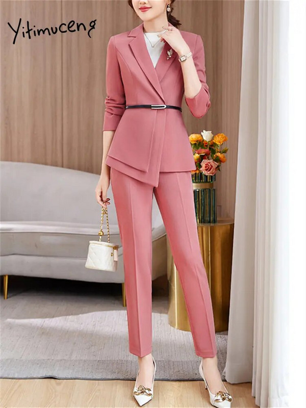 Yitimuceng uska odijela za žene 2023. Nova modna uredska ženska jakna s otvorenim ovratnikom dugih rukava Ženska šik vintage odijela s hlačama