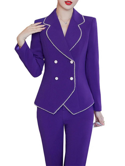 Yitimuceng Costume slim pentru femei 2023 office doamne mâneci lungi blazer dublu piept femei chic pantaloni cu talie înaltă set 2 piese