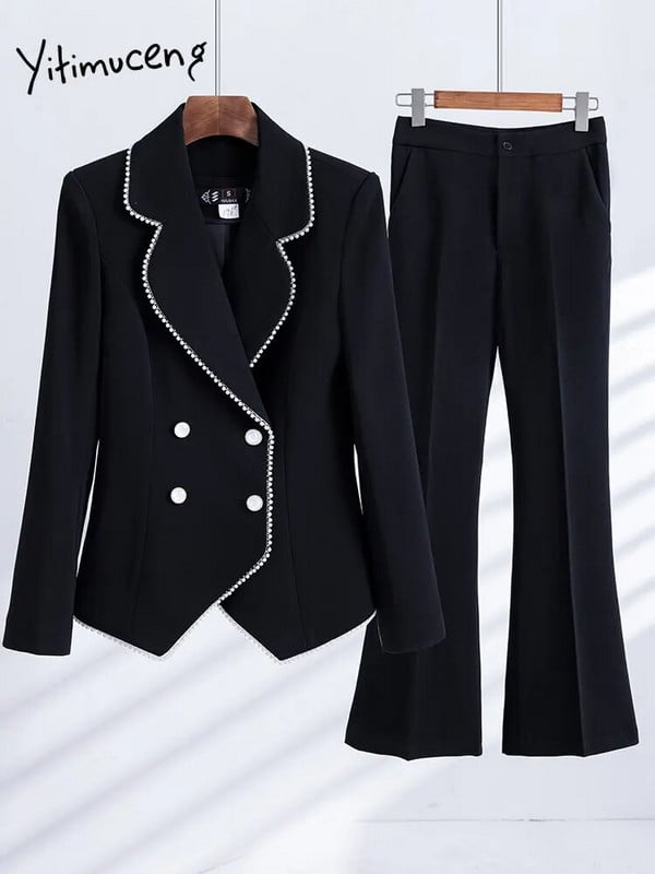 Yitimuceng Costume slim pentru femei 2023 office doamne mâneci lungi blazer dublu piept femei chic pantaloni cu talie înaltă set 2 piese