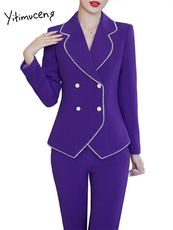 Yitimuceng Costume slim pentru femei 2023 office doamne mâneci lungi blazer dublu piept femei chic pantaloni cu talie înaltă set 2 piese