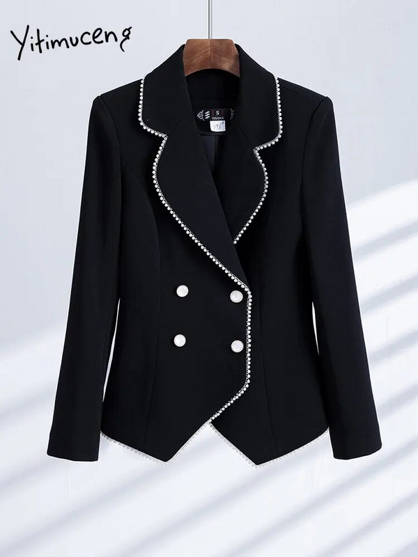 Yitimuceng Costume slim pentru femei 2023 office doamne mâneci lungi blazer dublu piept femei chic pantaloni cu talie înaltă set 2 piese