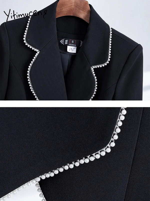 Yitimuceng Costume slim pentru femei 2023 office doamne mâneci lungi blazer dublu piept femei chic pantaloni cu talie înaltă set 2 piese