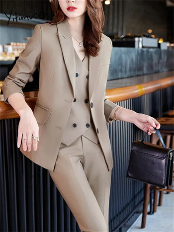 Yitimuceng Γυναικείες Κοστούμια Σετ γραφείου 2023 Νέα μόδα μακρυμάνικο γυναικείο μπλέιζερ Vintage μονόχρωμα γιλέκα Κομψά λεπτά παντελόνια 3 τεμάχια