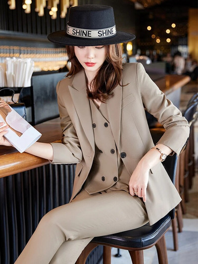 Yitimuceng Ženska odijela Uredski kompleti 2023 Novi modni sako dugih rukava Ženski vintage jednobojni prsluci Chic uske hlače Kompleti od 3 komada