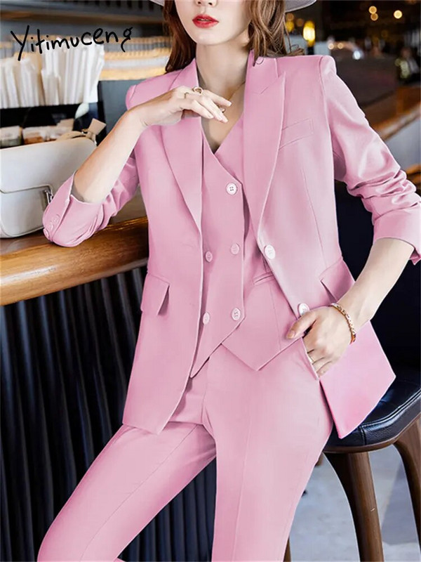 Yitimuceng Ženska odijela Uredski kompleti 2023 Novi modni sako dugih rukava Ženski vintage jednobojni prsluci Chic uske hlače Kompleti od 3 komada