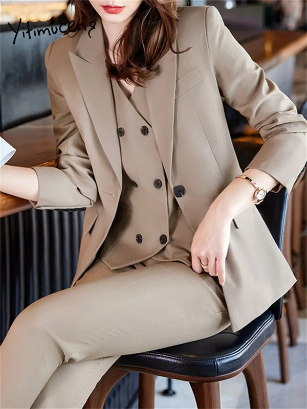 Yitimuceng Ženska odijela Uredski kompleti 2023 Novi modni sako dugih rukava Ženski vintage jednobojni prsluci Chic uske hlače Kompleti od 3 komada